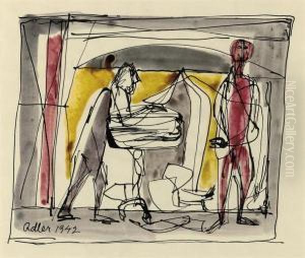 Figures At The Table - Interior by Jankel Adler