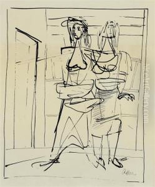 Two Figures In An Interior Oil Painting by Jankel Adler