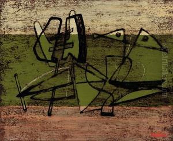 Abstract Composition, Green Oil Painting by Jankel Adler