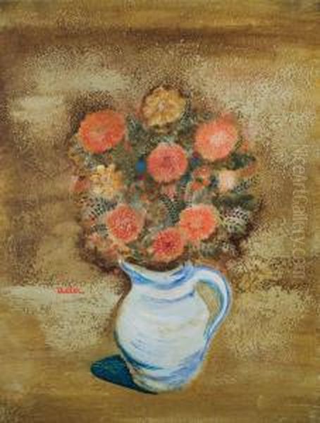 Bouquet Of Red Flowers In Vase Oil Painting by Jankel Adler