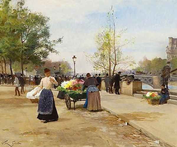 The Flower Sellers by the Pont du Louvre Oil Painting by Victor-Gabriel Gilbert