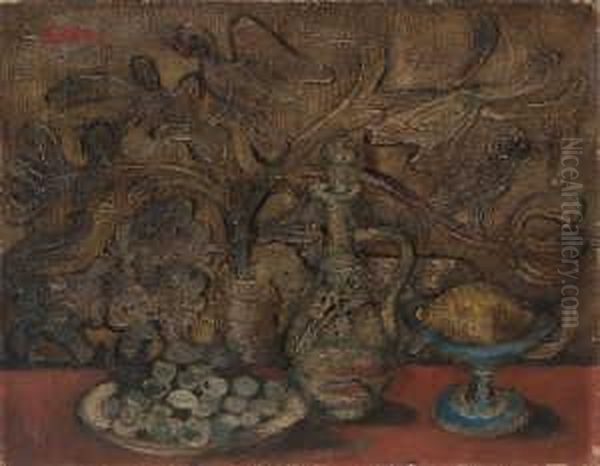 Tischstilleben Vor Tapisserie Mit Blume, Lowe, Hirsch Und Vogeln Oil Painting by Jankel Adler