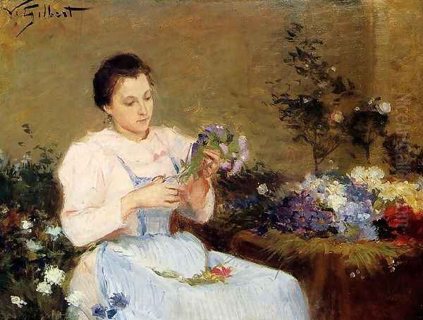 Arranging Flowers For A Spring Bouquet Oil Painting by Victor-Gabriel Gilbert