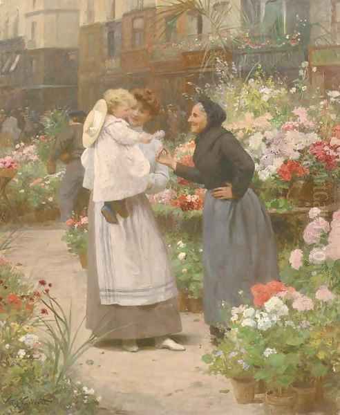 A Flower Seller Offering a Flower to a Child Oil Painting by Victor-Gabriel Gilbert