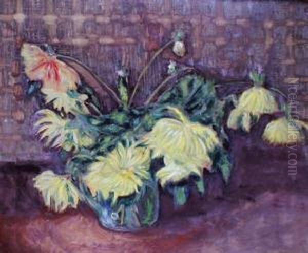 Vase De Dahlias Oil Painting by Lucien Adrion