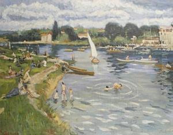 Bathers In The River Oil Painting by Lucien Adrion