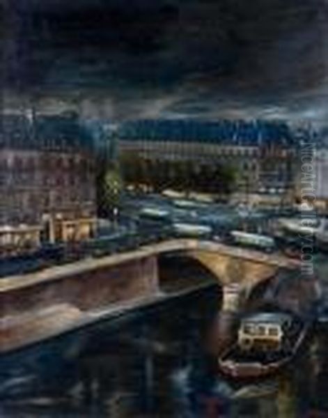 Paris, La Place Saint-michel La Nuit. Oil Painting by Lucien Adrion