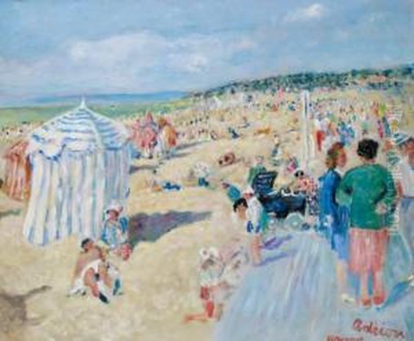 La Plage De Deauville Oil Painting by Lucien Adrion