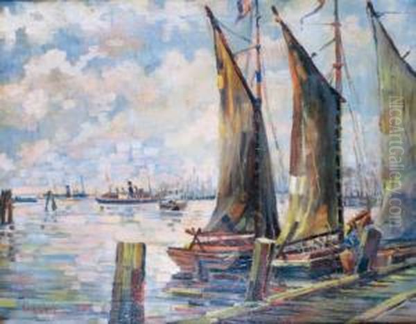 Bateaux Dans Le Port Oil Painting by Lucien Adrion