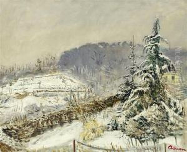 Winter Landcape With Fir Tree Oil Painting by Lucien Adrion