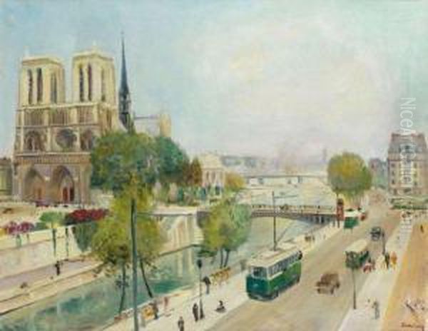 Sur Les Quais Devant Notre-dame Oil Painting by Lucien Adrion