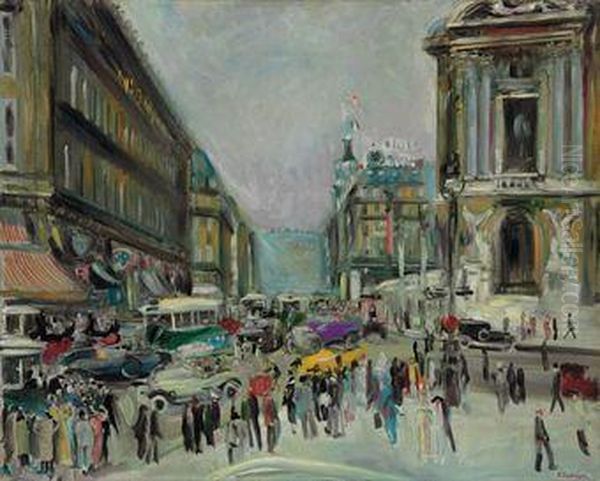 Boulevard Haussman, Derniere La Place De L'opera Oil Painting by Lucien Adrion