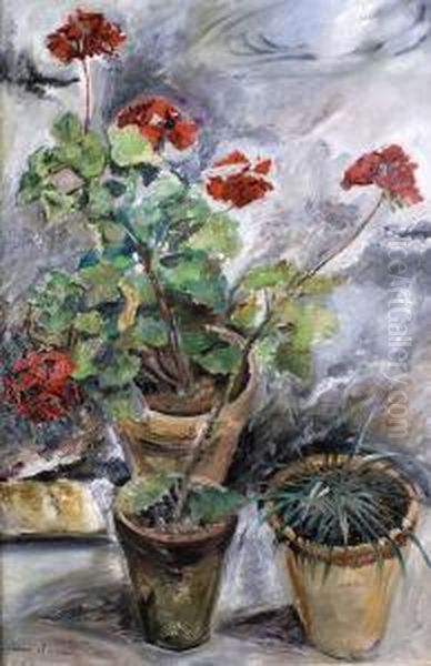 Pots De Geraniums Sur La Terrasse Oil Painting by Lucien Adrion