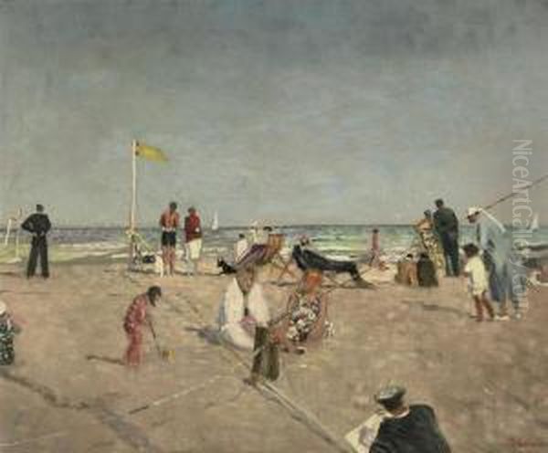 A Busy Day On The Beach At Deauville, France Oil Painting by Lucien Adrion