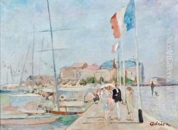 La Jetee De Deauville, En Fond Trouville Oil Painting by Lucien Adrion