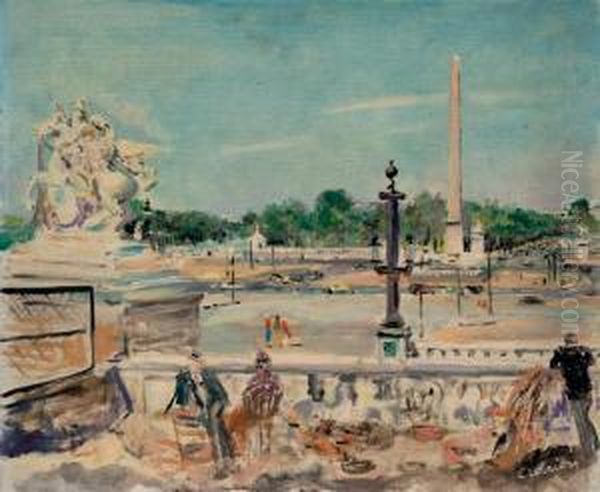 La Place De La Concorde Vue Depuis Le Jardin Des Tuileries Oil Painting by Lucien Adrion