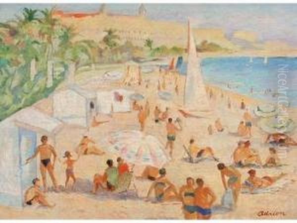 Scene De Plage A Cannes Oil Painting by Lucien Adrion