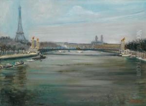 La Seine A Paris Oil Painting by Lucien Adrion