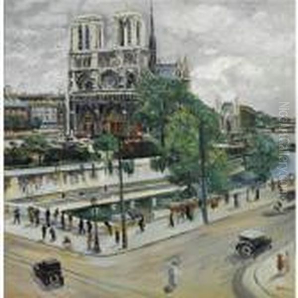 Paris, Notre Dame, La Seine And Les Quais Oil Painting by Lucien Adrion