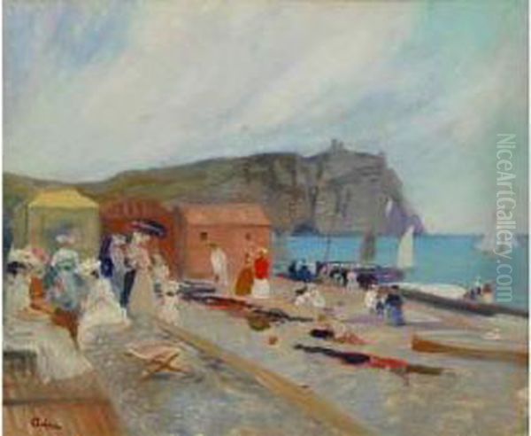 Scene De Plage En Normandie Pres Des Falaises D'etretat Oil Painting by Lucien Adrion