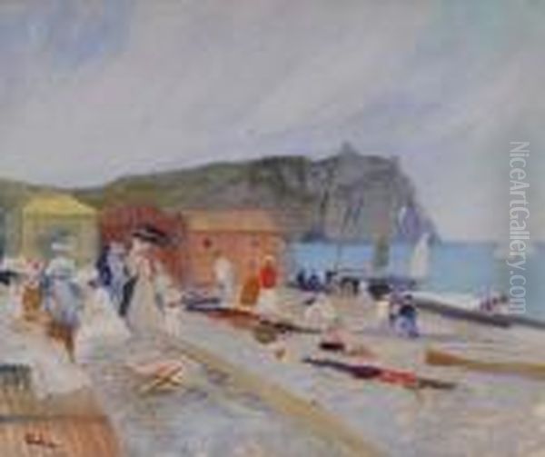 Scene De Plage A Etretat En Normandie Oil Painting by Lucien Adrion