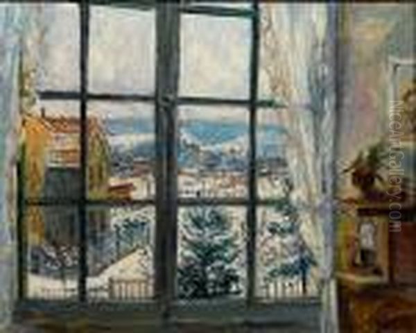 A Window Looking Onto A Winter Landscape Oil Painting by Lucien Adrion