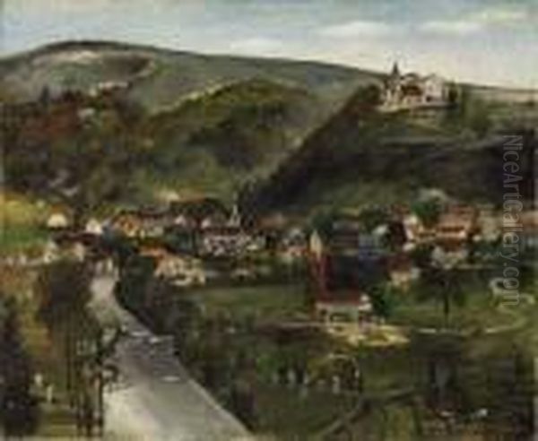 Elsassisches Stadtchen Mit Burgberg An Einem Flus Oil Painting by Lucien Adrion