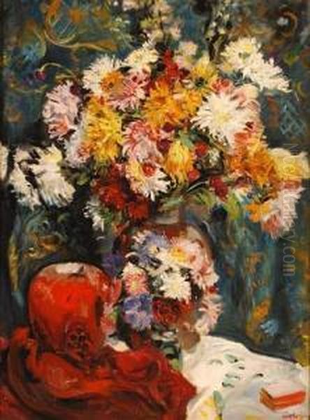 Vase De Fleurs Sur Un Entablement Oil Painting by Lucien Adrion