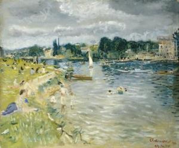 Le 14 Juillet 1944 Au Bord Du Lac Oil Painting by Lucien Adrion