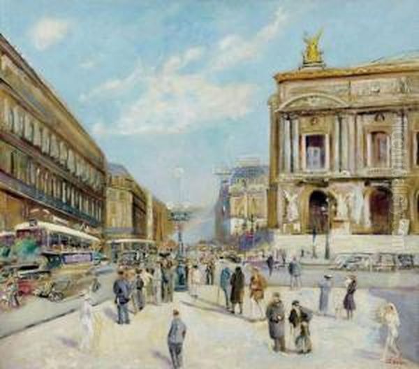 Place De L'opera A Paris Oil Painting by Lucien Adrion