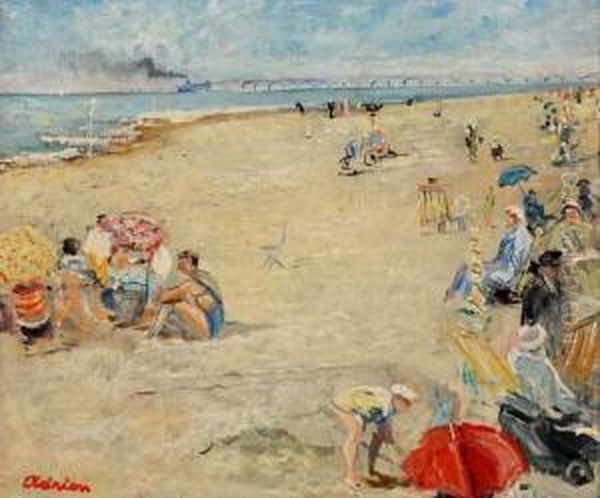 Deauville, La Plage Animee Oil Painting by Lucien Adrion