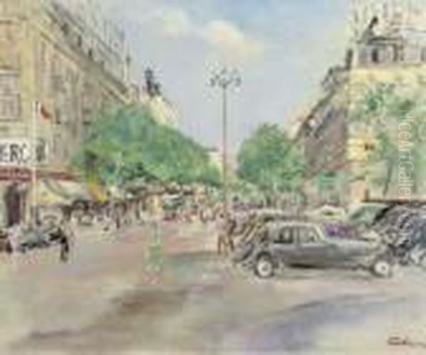 A Busy Parisian Street Oil Painting by Lucien Adrion