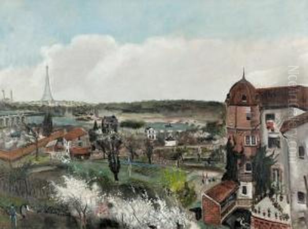 Blick Auf Pariser Vorstadte Und Den Eiffelturm. Oil Painting by Lucien Adrion