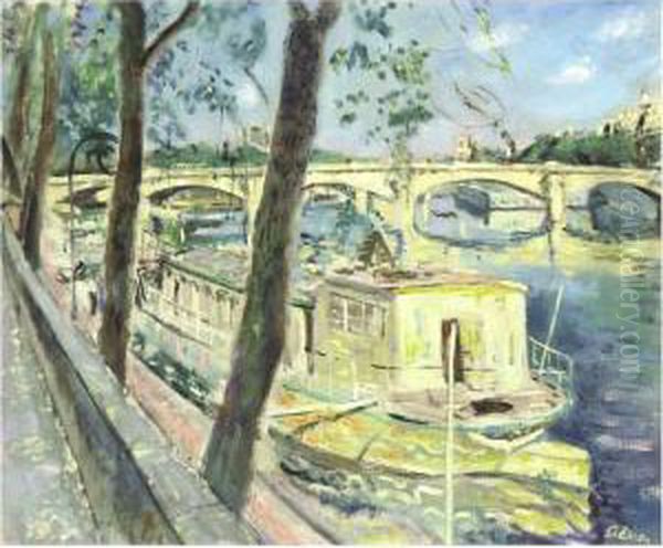 Along The Seine (la Seine) Oil Painting by Lucien Adrion