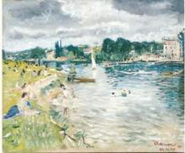 Le 14 Juillet 44, Au Bord Du Lac Oil Painting by Lucien Adrion