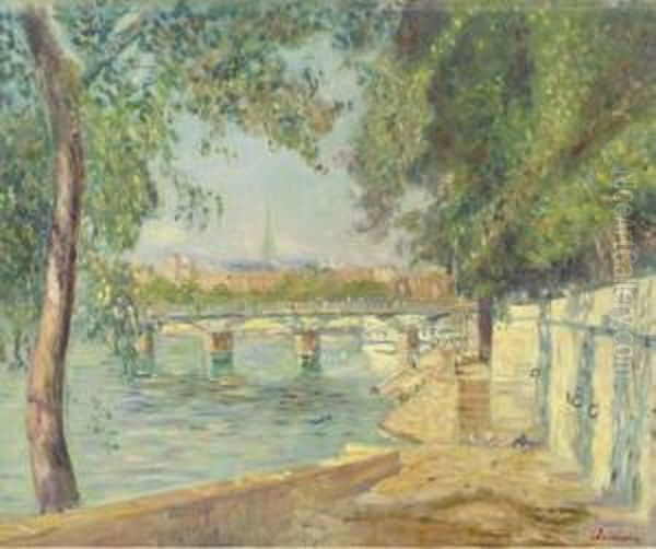 A View On The River Seine, Paris Oil Painting by Lucien Adrion