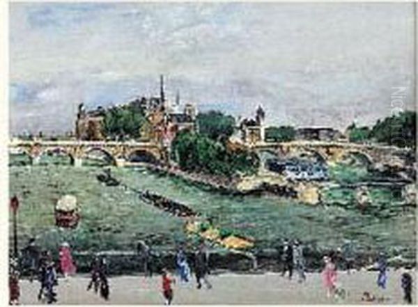 Paris, Le Pont-neuf Et L'ile De La Cite Oil Painting by Lucien Adrion