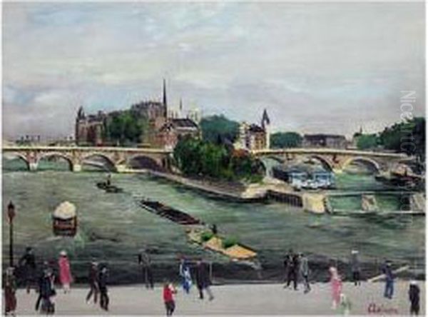 Le Pont Neuf Et L'ile De La Cite, Paris Oil Painting by Lucien Adrion