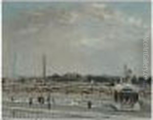 La Place De La Concorde, Signed Oil Painting by Lucien Adrion