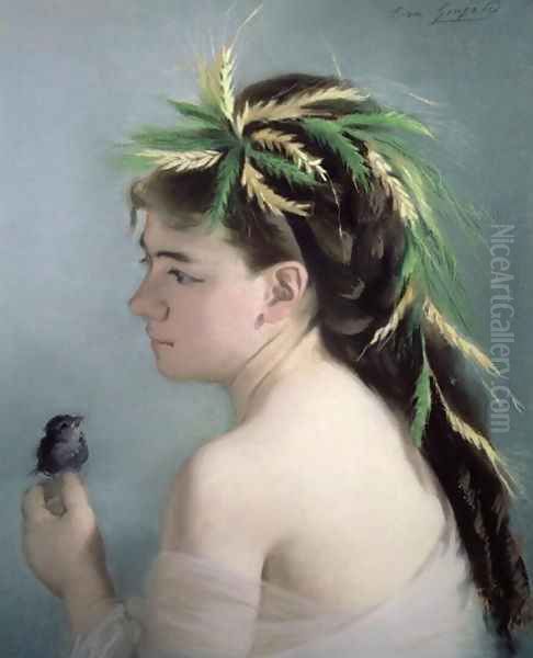 Portrait of a Girl holding a Sparrow Oil Painting by Eva Gonzales