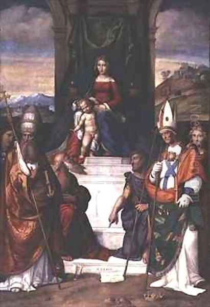 The Virgin Enthroned with Saints Jerome Sylvester and Maurius Oil Painting by Garofalo