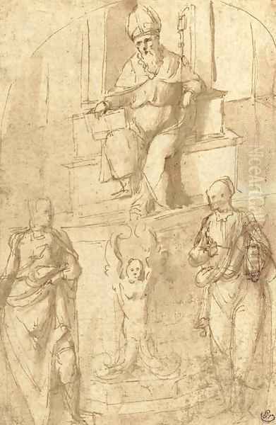 A bishop seated on a throne, with two standing figures Oil Painting by Garofalo