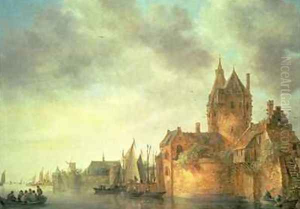 A castle by a river with shipping at a quay Oil Painting by Jan van Goyen