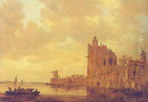 River Landscape with Pellekussenpoort, Utrecht, and Gothic Choir, 1643 Oil Painting by Jan van Goyen