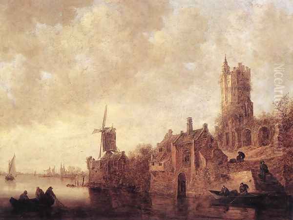 River Landscape with a Windmill and a Ruined Castle 1644 Oil Painting by Jan van Goyen