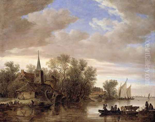 River Landscape with a Cattle-Ferry 1654 Oil Painting by Jan van Goyen