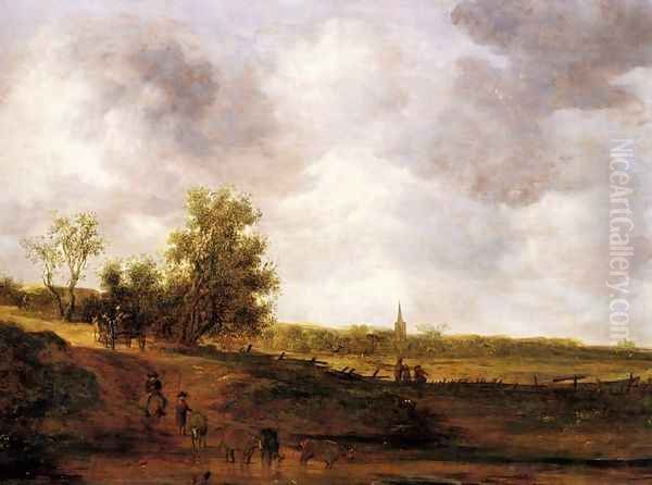 A rural landscape with peasants and a drover by a track, a village beyond Oil Painting by Jan van Goyen