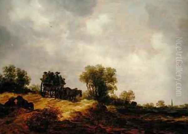 A Cart Passing along a Country Lane Oil Painting by Jan van Goyen