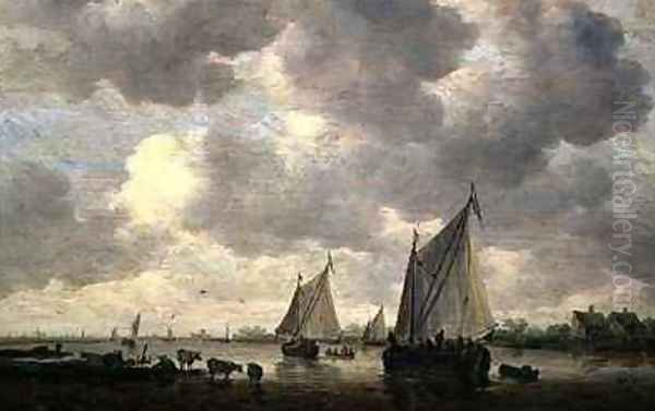 A Canal in Holland or Two Large Sailing Ships and Cattle Near a River Oil Painting by Jan van Goyen