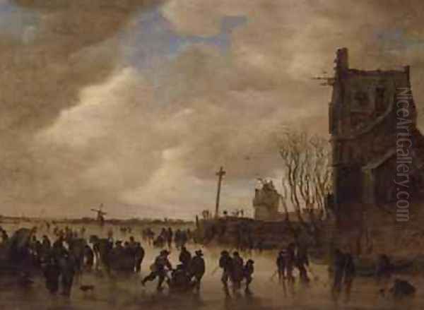 A Winter Skating Scene Oil Painting by Jan van Goyen